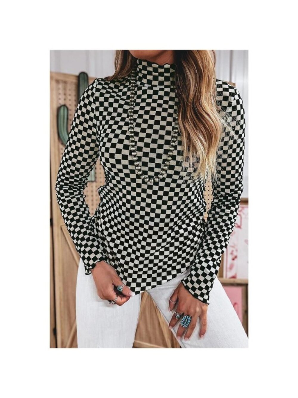 Plaid Stand Neck Long Sleeve Mesh Top